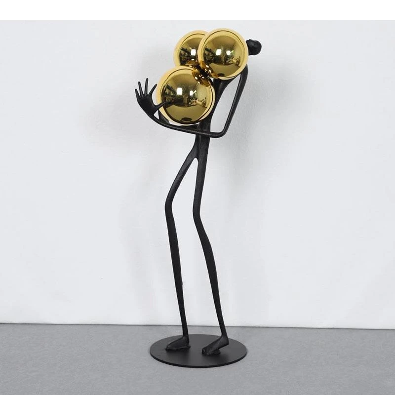 Minimalist Black Matchstick Men Ornaments Golden Ball Decorative Character Statue Desk Decoration Abstract Figure Sculpture