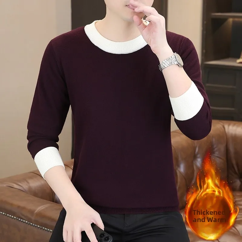 

Утепленный круглый вязаный свитер-базовый слой для мужчин, приталенный, с цветовыми блоками, зимний, новый, теплый, шерстяной, размер M