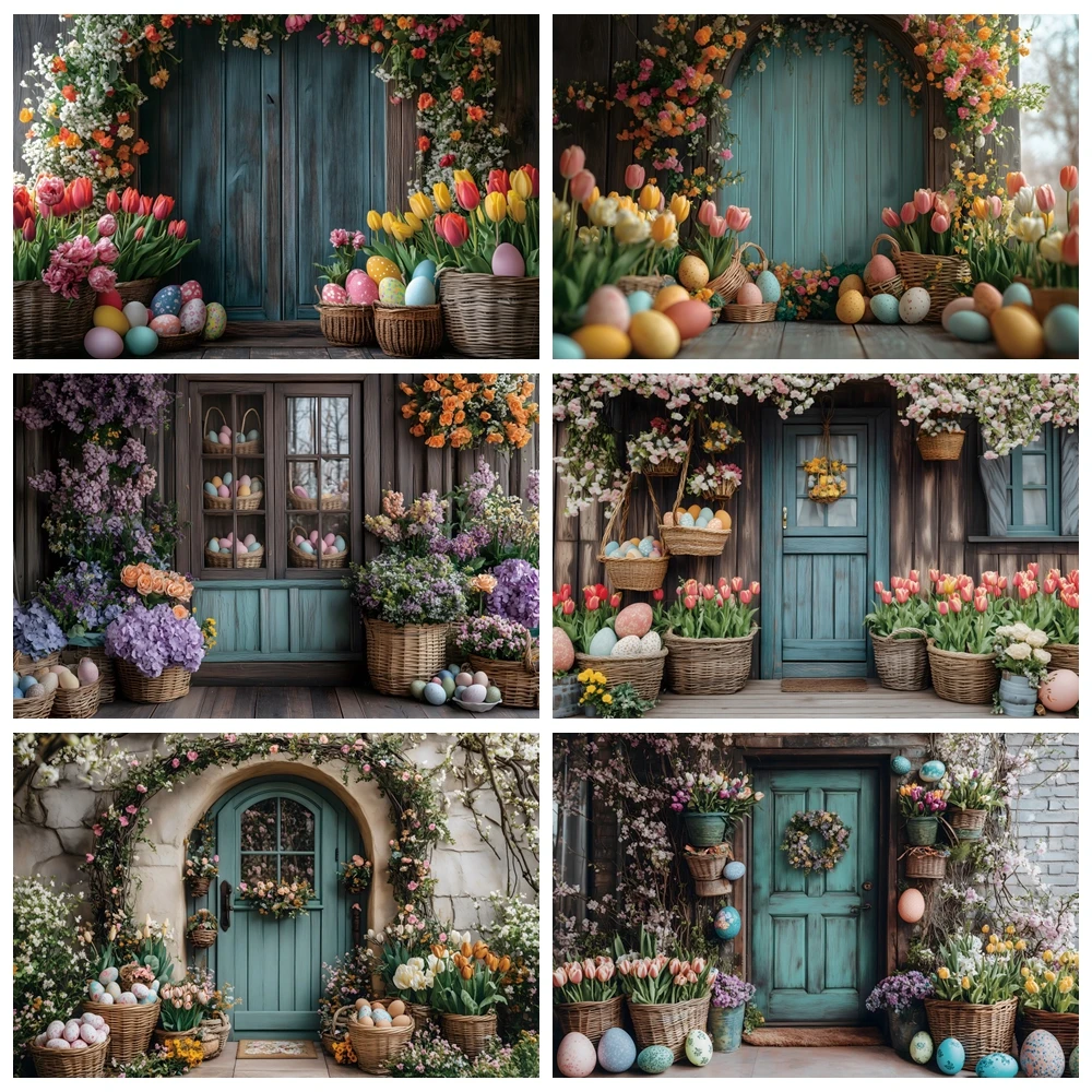 

Easter Photography Backdrop Easter Egg Wooden House Colorful Tulips Decoration Kid's Birthday Portrait Background Photo Studio