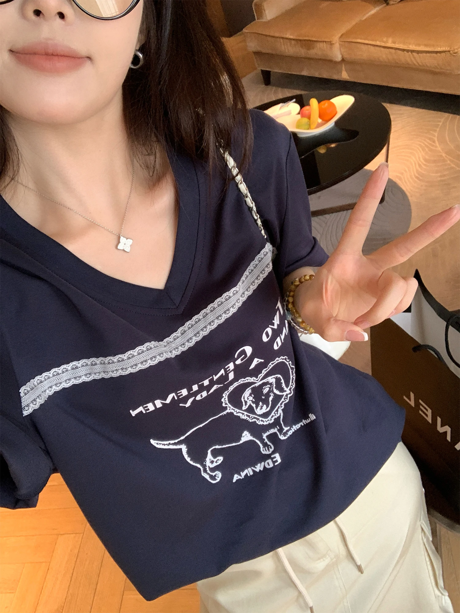 

NAZ plus Size Cotton T-irt Summer V-Ne Lace Print ort Sve Retro Anti-Aging Top for plus Size Women Korean Sle