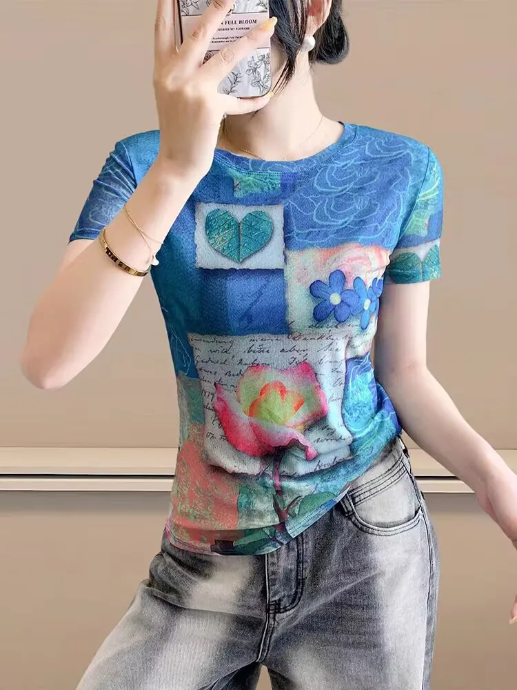أنيقة عادية الاتجاه شارع العليا الإناث تي شيرت الربيع الصيف امرأة S-3XL قصيرة الأكمام المطبوعة الزهور شيك القمم الفن التجريدي