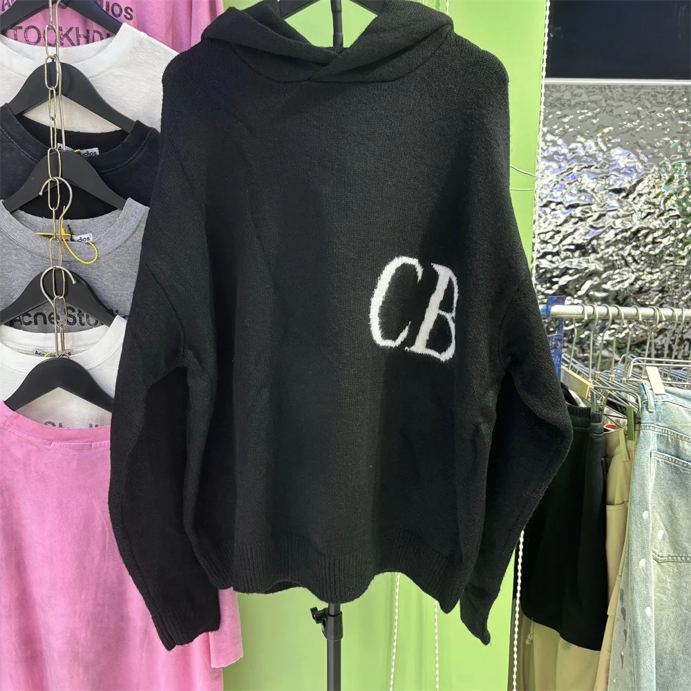 Fotos reais dos homens suéteres hoodies designer carta malha high street inverno outono solto cinza preto bege camisola