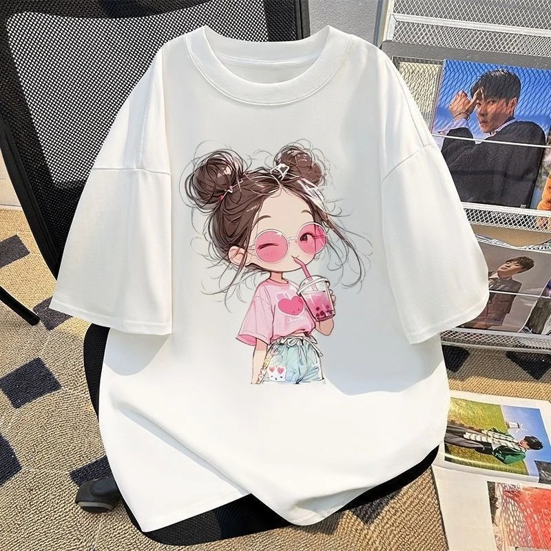 Cute Girls Pure Cotton Printed Short Sleeve T-Shirt Crew Neck Kids Summer Casual Top Big Middle Child Breathable Trendy Tee​
