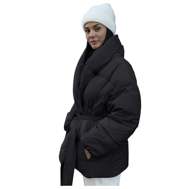 Winter Jacket Women Black Bubble Coat V Neck Wrap Belted Fashion Puffer Parka Invisible Pockets 2024 New Hot Sales