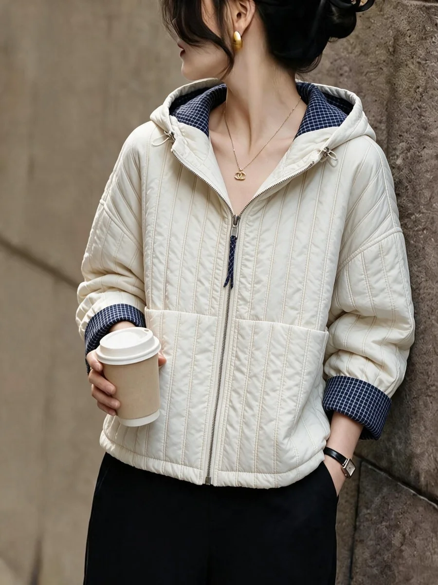 Young Stylish Quilted Cotton Jacket Women's Loose Fit Hooded Lightweight Autumn Winter Coat Casual Comfortable Polyester Fabric