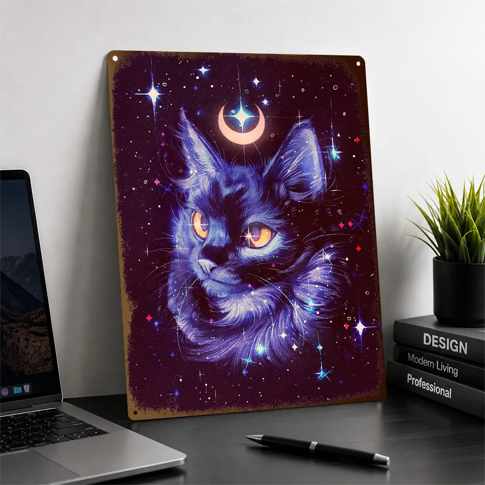 Glitter And Sparkles Cosmic Cat Printed Poster Personalized Aluminum Metal Sign Pet Portrait Wall Art Perfect For Home Offices