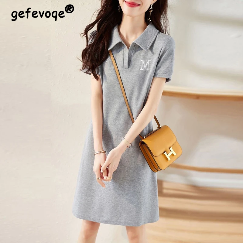 2023 Summer Trendy Gray Letter Embroidery Dresses for Women Y2K Simple Casual Polo Collar Short Sleeve Cotton T Shirt Midi Dress