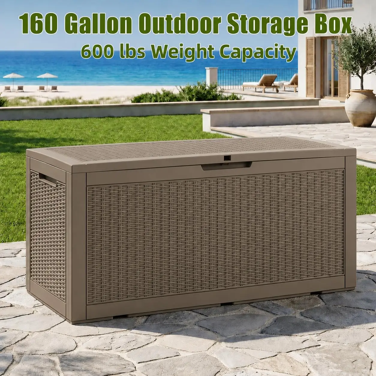 160 Gallon Lockable Resin Outdoor Deck Box, Waterproof UV & Weather‑Resistant Storage Bench Seat with 600 lbs Capacity, Tool‑Free Assembly, Padlock Compatible for Patio Cushions and Pool Supplies