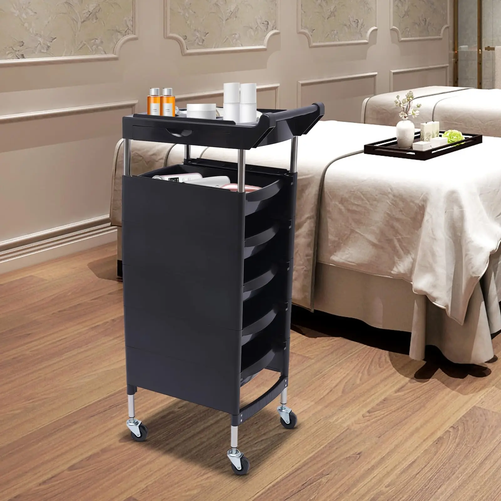 6-Tier Hair Styling Salon Trolley with Wheels, Beauty Salon Storage Cart with Drawers and Hair Dryer Holder, Salon Station Trolle