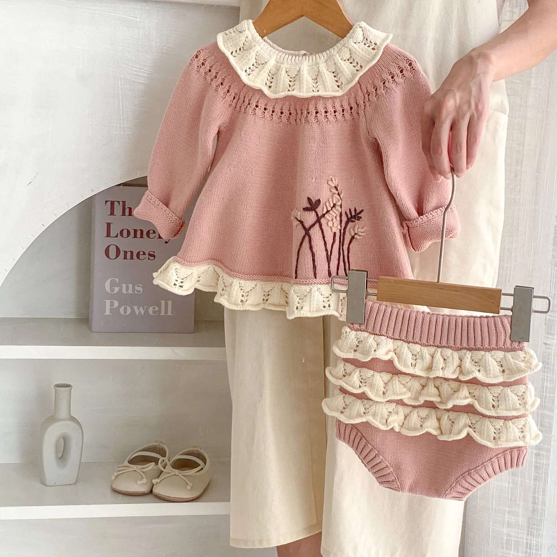 2024 Autumn Infant Baby Girls 2PCS Clothes Set Cotton Knitted Long Sleeve Tops Flounce Pp Shorts Suit Toddler Girls Outfits