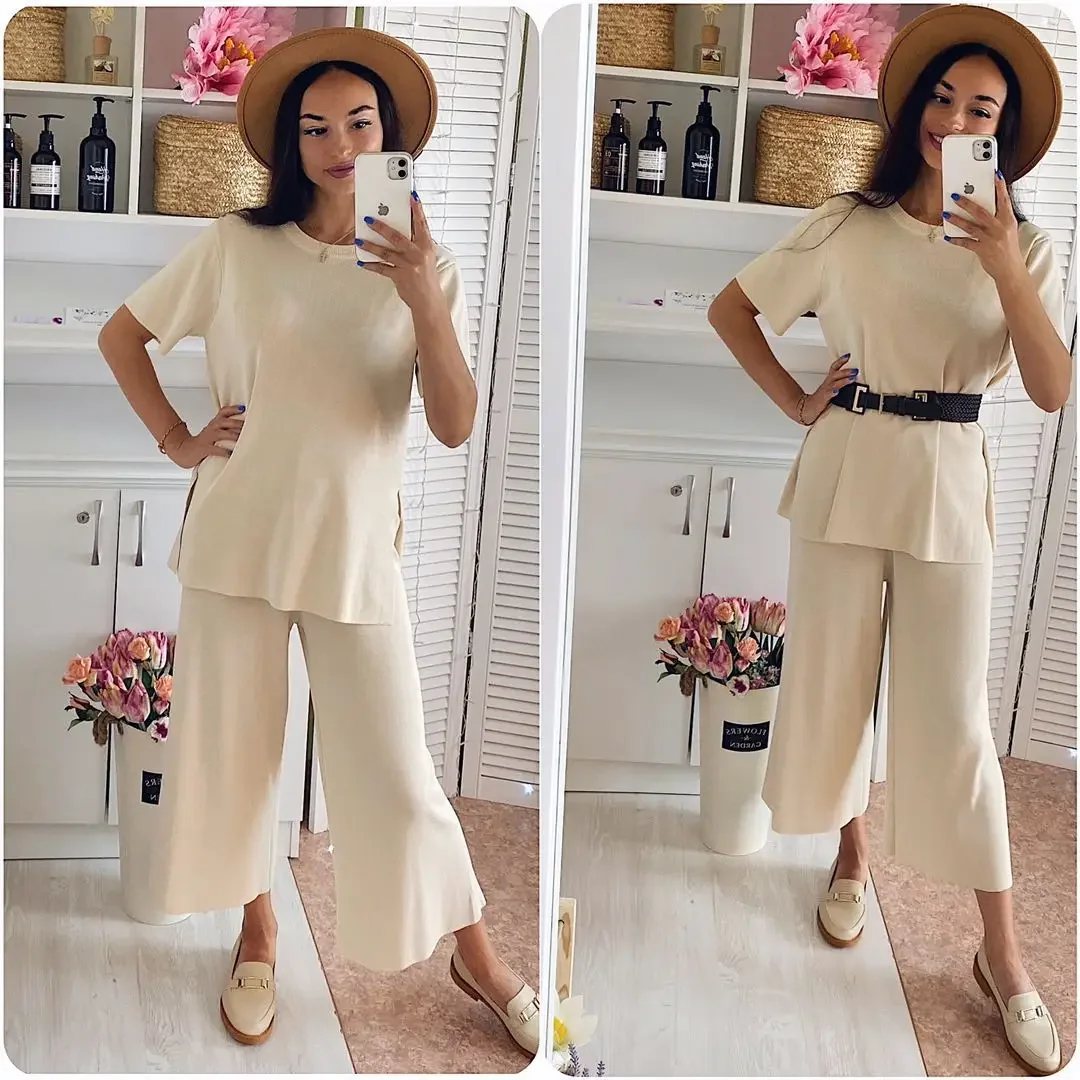 

Fashion Knitting Suit Women's Mid-Length Solid Color Loose Split Sweater + High Waist Lace-up Trousers Two-Piece Set
