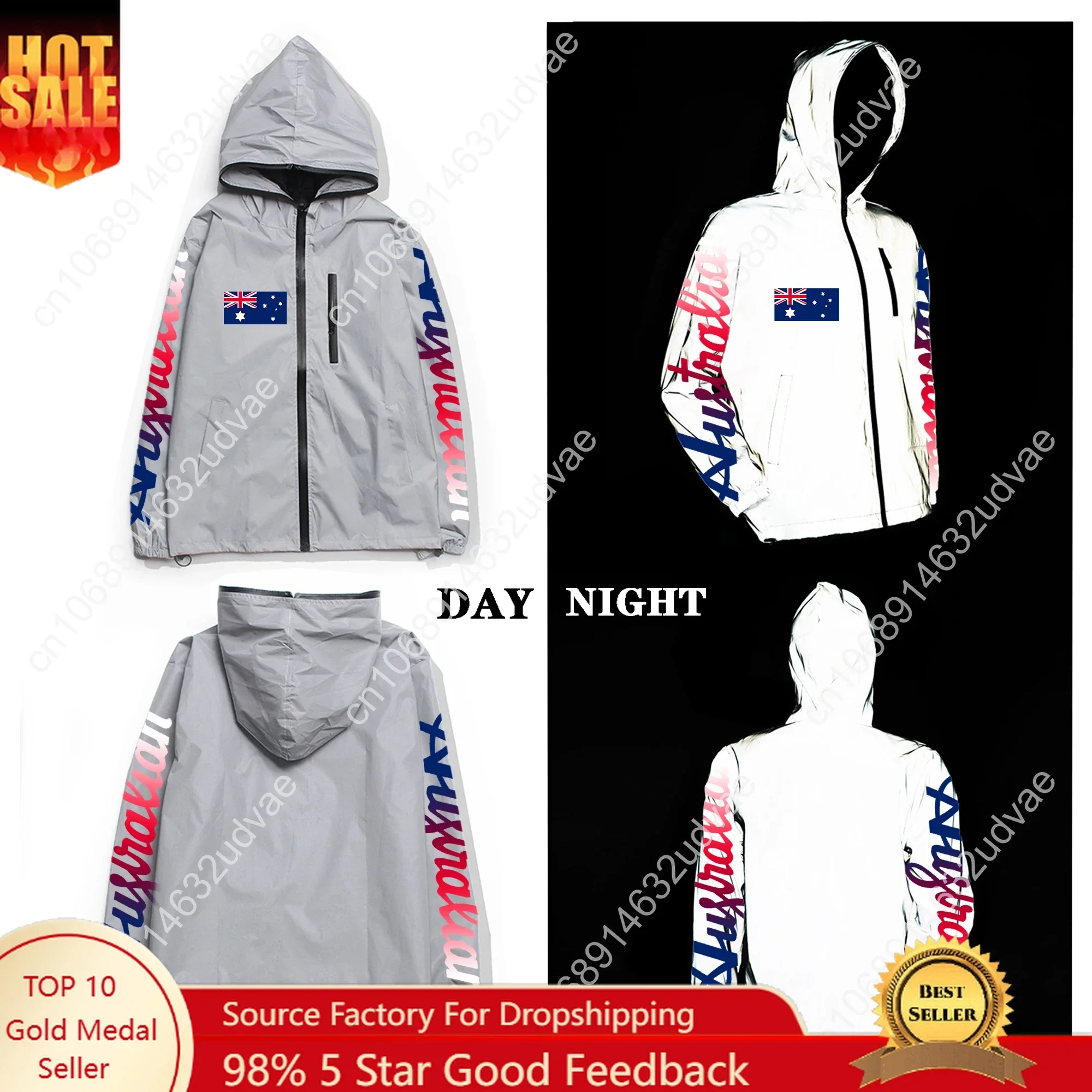 Australia Australische Vlag Reflective Jacket Mens Womens Coat Hooded Windbreaker Jackets Cycling Hiking Zipper Custom Hoodie