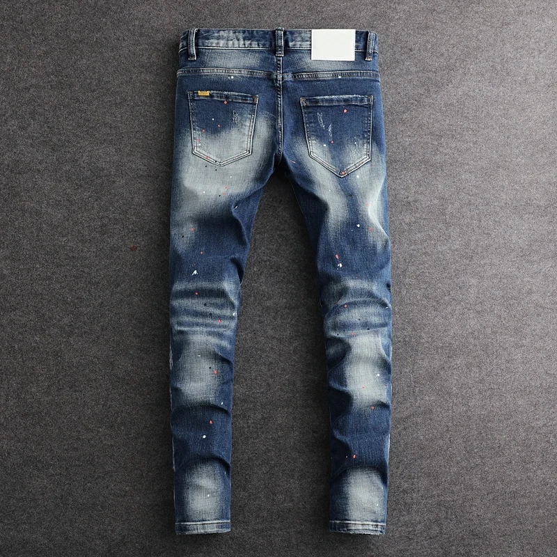 Designer Street Fashion Men's Jeans Elastic Slim Fit Split Washed Retro Blue Painted Jeans Brand Pants hombe