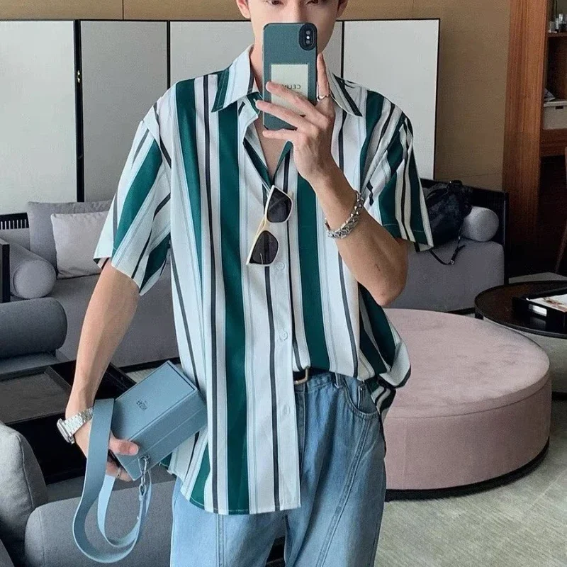 E-BAIHUI Summer Shirt Men 2023 New Striped Casual Loose Green Shirts for Men Square Collar Short Sleeve Blue Hawaiian Shirt Male