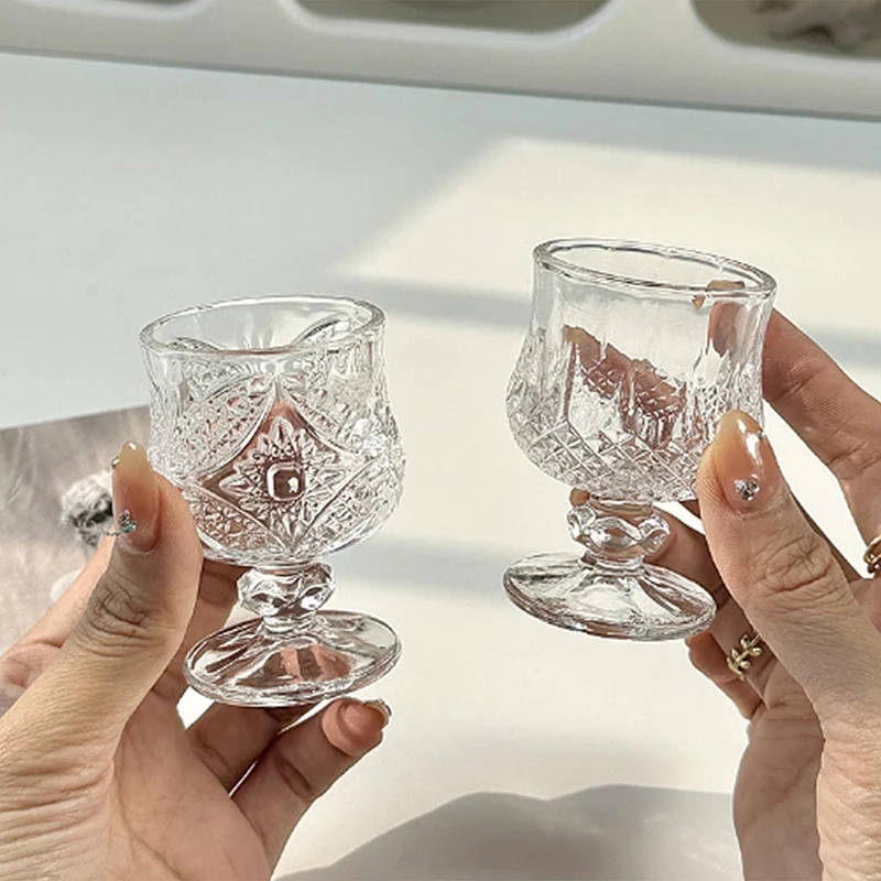 Korean Style Engraved Embossed Small Goblet Glass Cup For Soju Sake Liquor Short Stemmed Glass