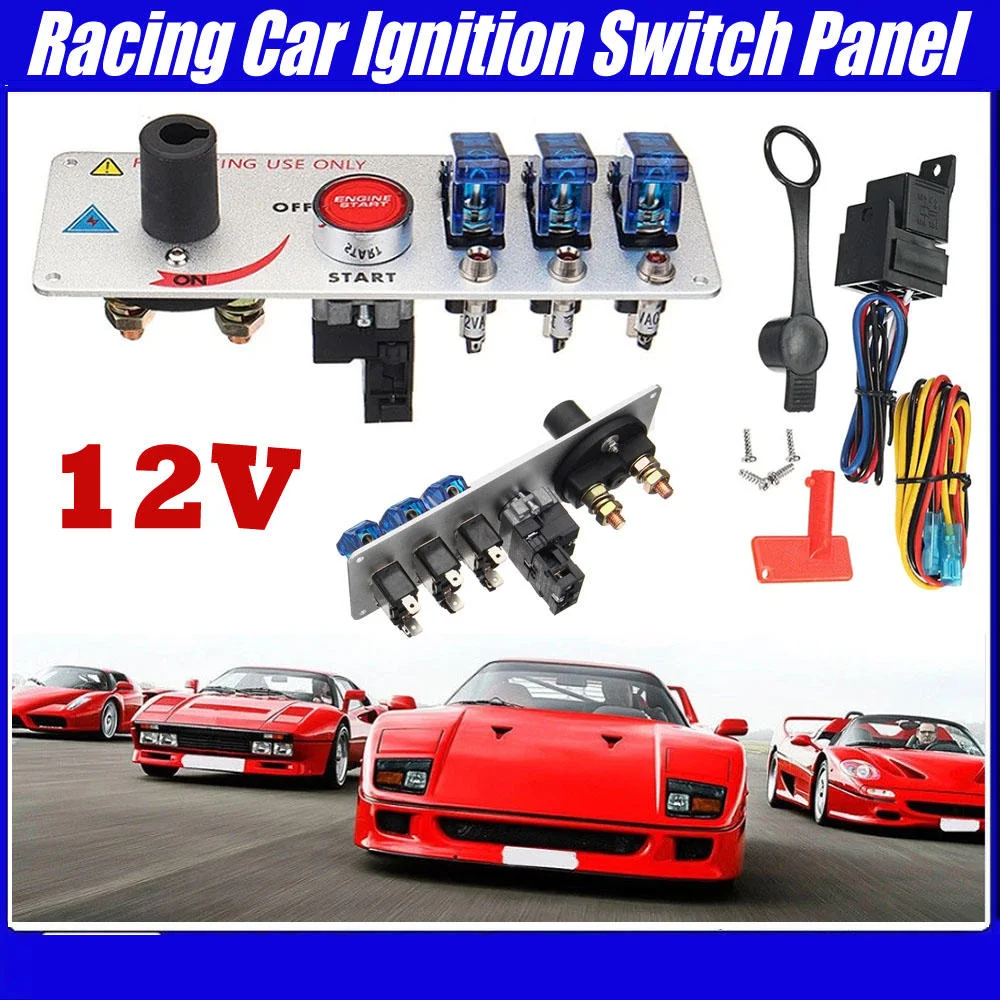 

12V Racing Car Ignition Switch Panel 5-in-1 Engine Start Push Button LED Toggle Switch with Aluminum Alloy Look for Rally Sport