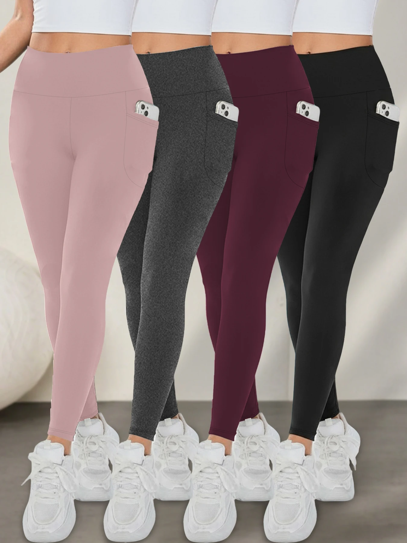 

Комплект из 4 супермягких леггинсов с карманами для женщин, леггинсы с высокой талией для тренировок, йоги и бега, с эффектом коррекции живота