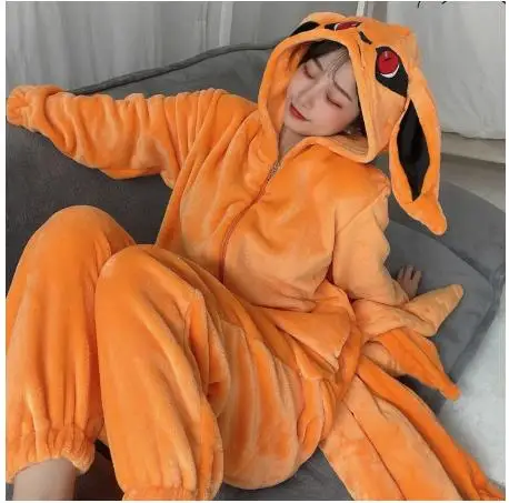 Kurama Flannel Home Sleepwear Kurama Kyuubi Jumpsuits Anime Cosplay Pajamas Unisex Cosplay Costume Nightgown Suit