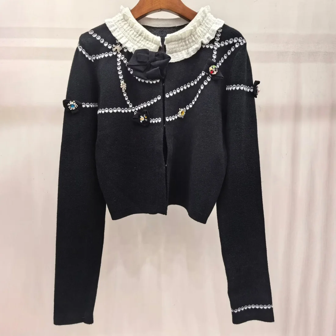 الراقية الأوروبية Sle اللؤلؤ التطريز طويل Sve سترة محبوكة المرأة الحلو فضفاضة تناسب معطف ort تنفس