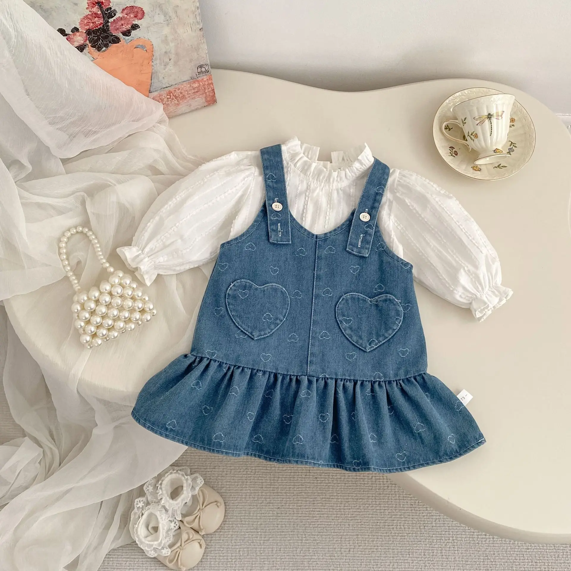 

2026 Spring Children Clothes Set White Puff Sleeve Shirt +Blue Dress 2Pcs Kids Suit Cotton Sets for Girls