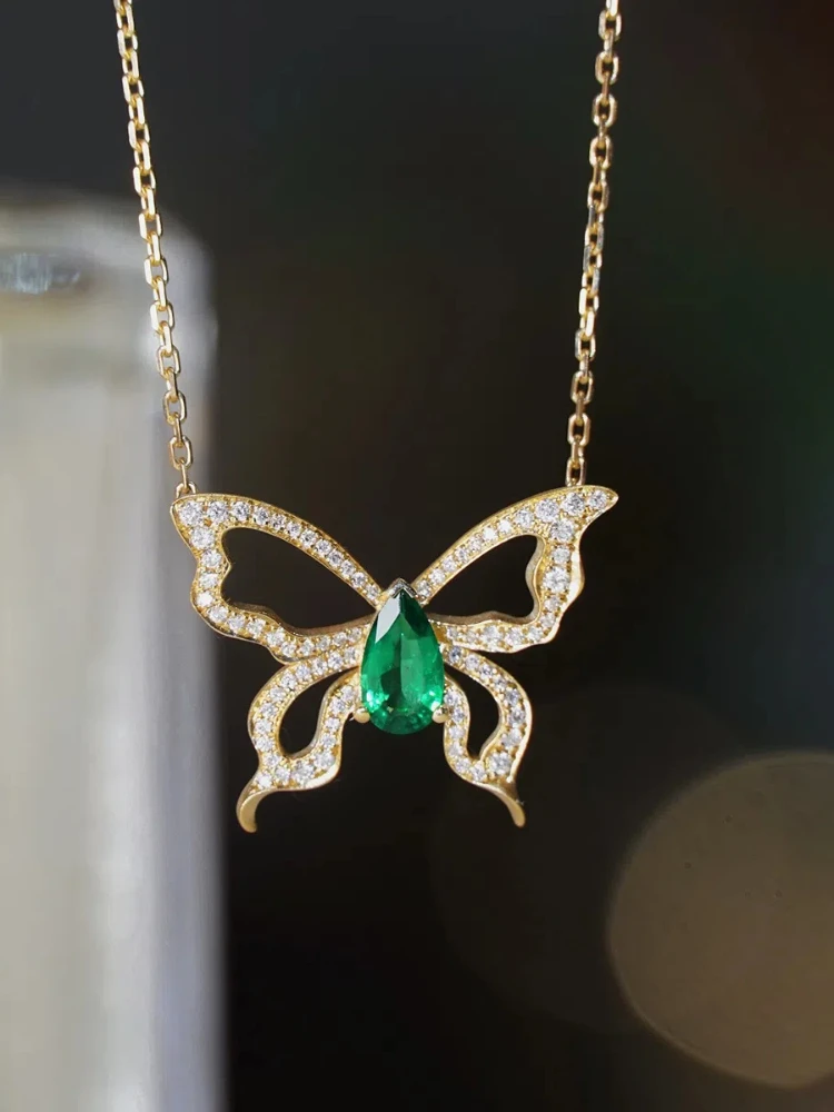 

S925 Sterling Silver Women's Necklace Green Zirconia Butterfly Pendant French Jewellery for Women Daily Wear Holiday Party Gifts