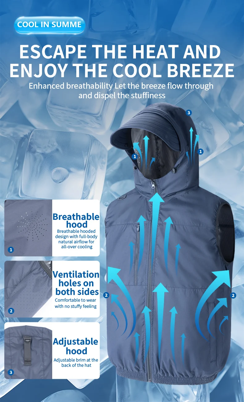 Summer Hooded Air-Conditioning Workwear with Fan Cooling, Outdoor Temperature-Reducing Breathable Vest (Excluding Power Bank)