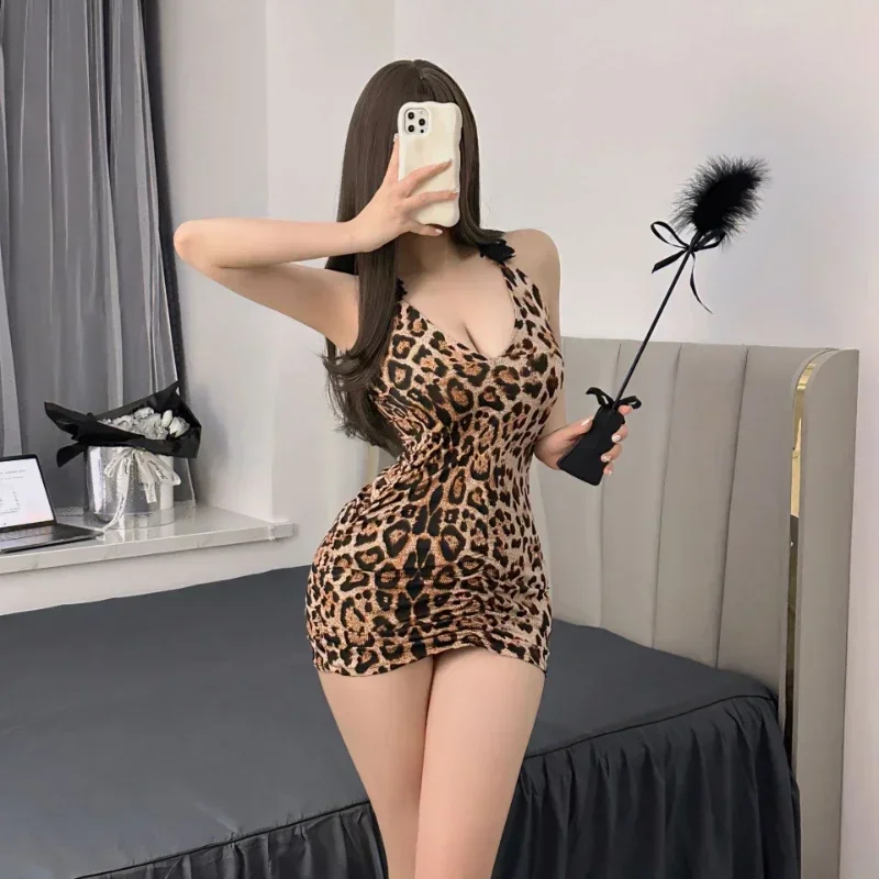 Women's Leopard Print Fun Lingerie Lace Ol Secretary Uniform Seductive Passion Midnight Charm Sexy Night Wears for Ladies