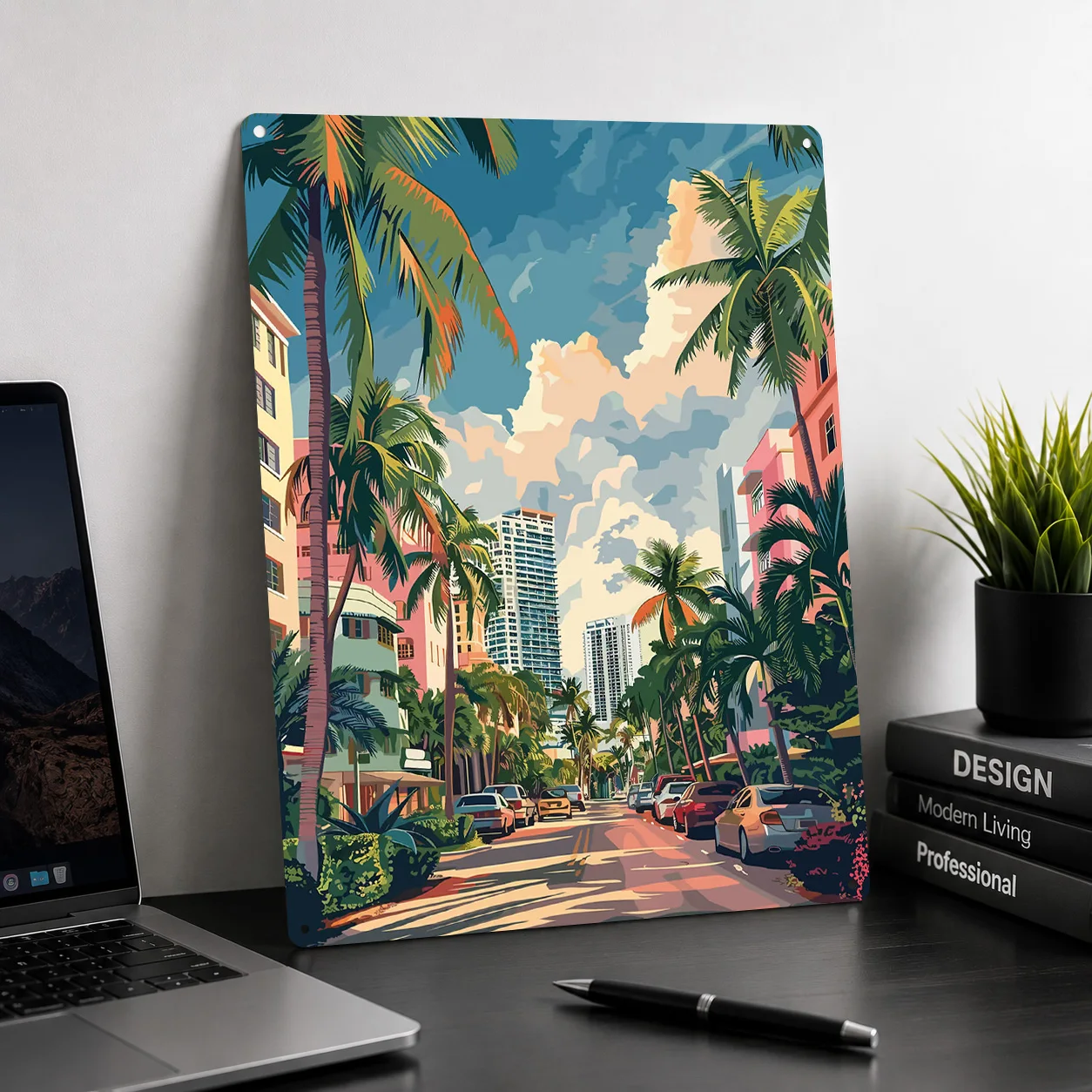 Miami Beach Street Scene 3D Printed Texture Poster Personalized Wall Art Retro Metal Tin Signs for Room Accessories Interior