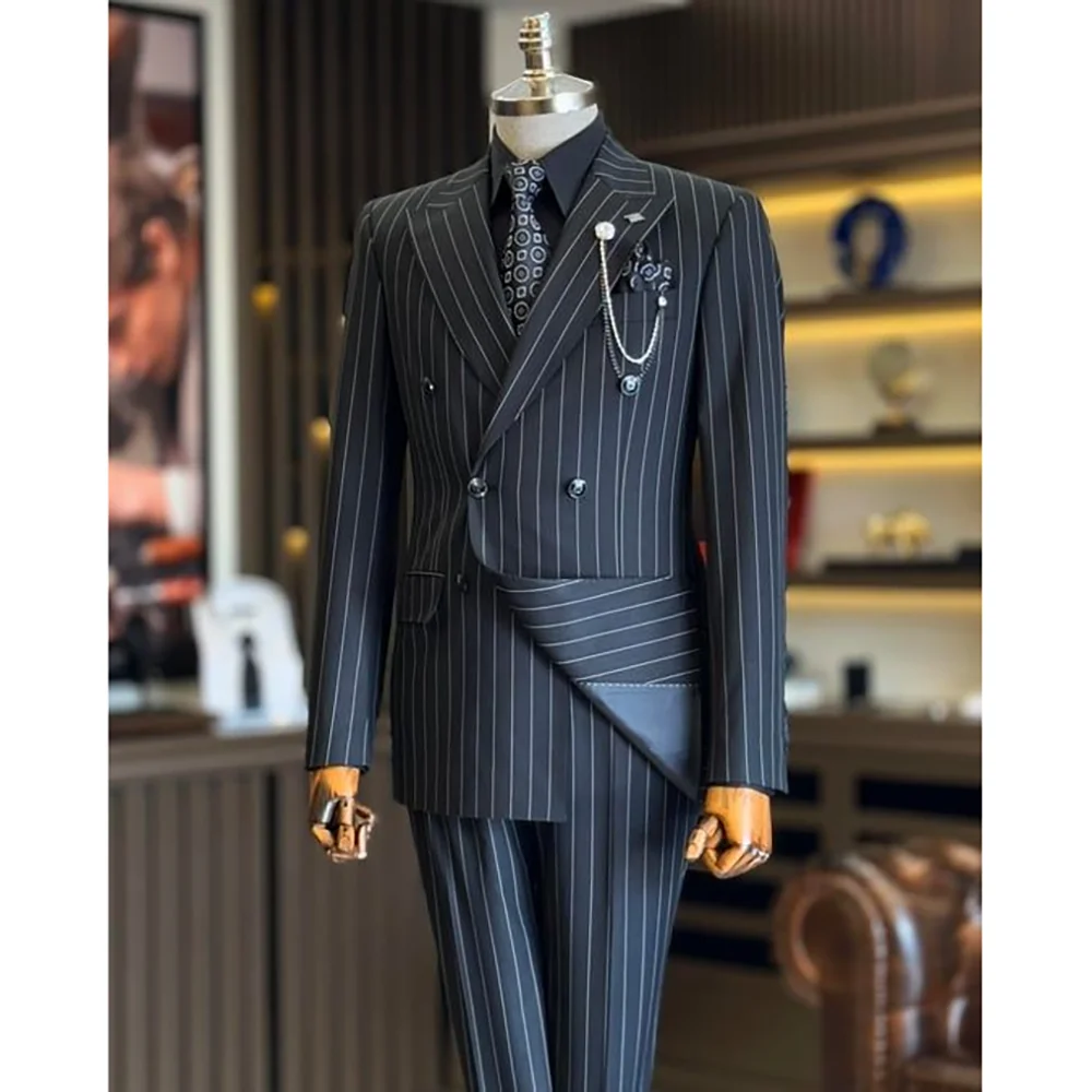 

High-end Black Stripe Double Breasted Men Suit Two Pieces(Jacket+Pants) Outfits Casual Party Prom Wedding Set