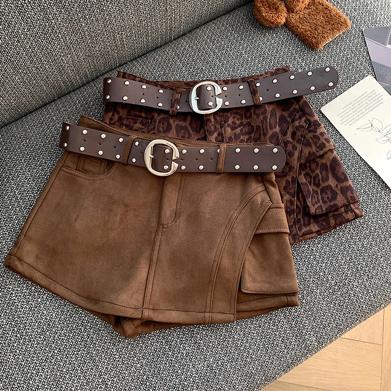

Women's Brown Suede Skirt Shorts High Waist A-Line Skirts Petite Fall Winter 2025 Edgy Y2K Style Slimming Skirt