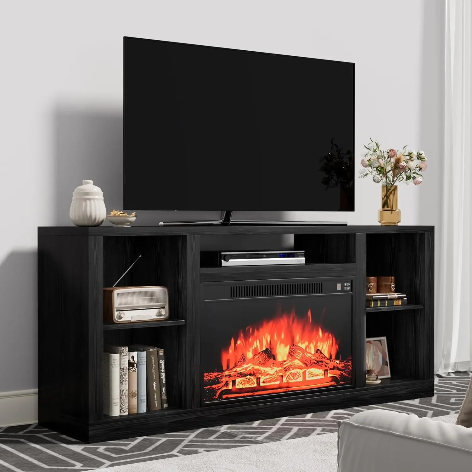 Soporte de TV para chimenea eléctrica para televisores de hasta 65 + pulgadas, mesa de consola central de entretenimiento multimedia con cuatro compartimentos abiertos