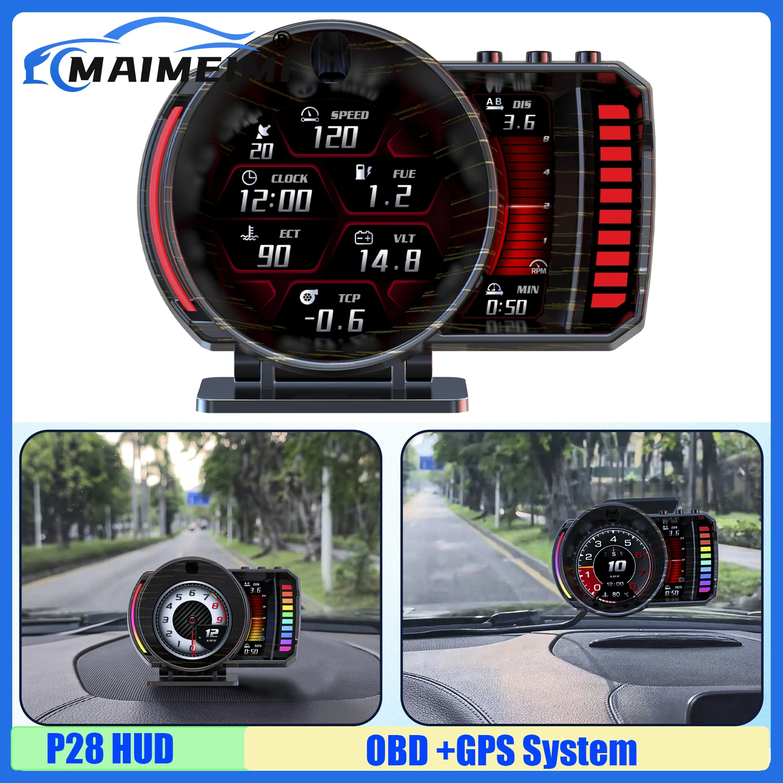P28 HUD Automotivo OBD+GPS com Display Head-Up LCD, Velocímetro, RPM, Consumo de Combustível Médio, Pressão do Óleo, Temperatura, Alarme, Hora, Lembrete de Fadiga