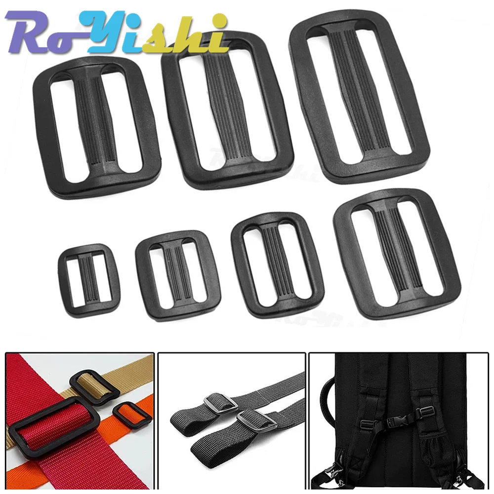 10 Pcs/Pack 15-50mm Webbing Plastic Curve Slider Tri-Glide Adjust Tri-ring Buckles Backpack Straps Black