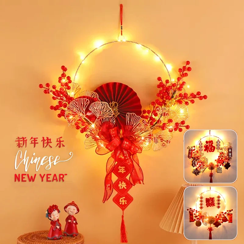 2023 Chinese New Year Decorations Pendants LED Light Spring Festival Wreath Pendant Door Wall Hanging FU Berry Home Chinese Knot