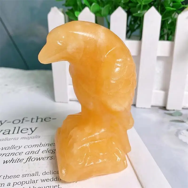 11CM Natural Crystal Yellow Calcite Crow Statue Healing Gemstone Carving Animal Figurines Reiki Home Decoration 1pcs