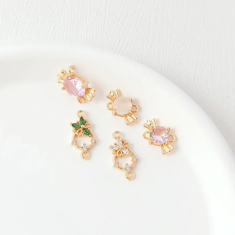 3 Pieces 14K Copper Clad Gold Inlaid Zirconium Candy Five Leaf Flower Double Hanging Connection Manual DIY Pendant Accessories