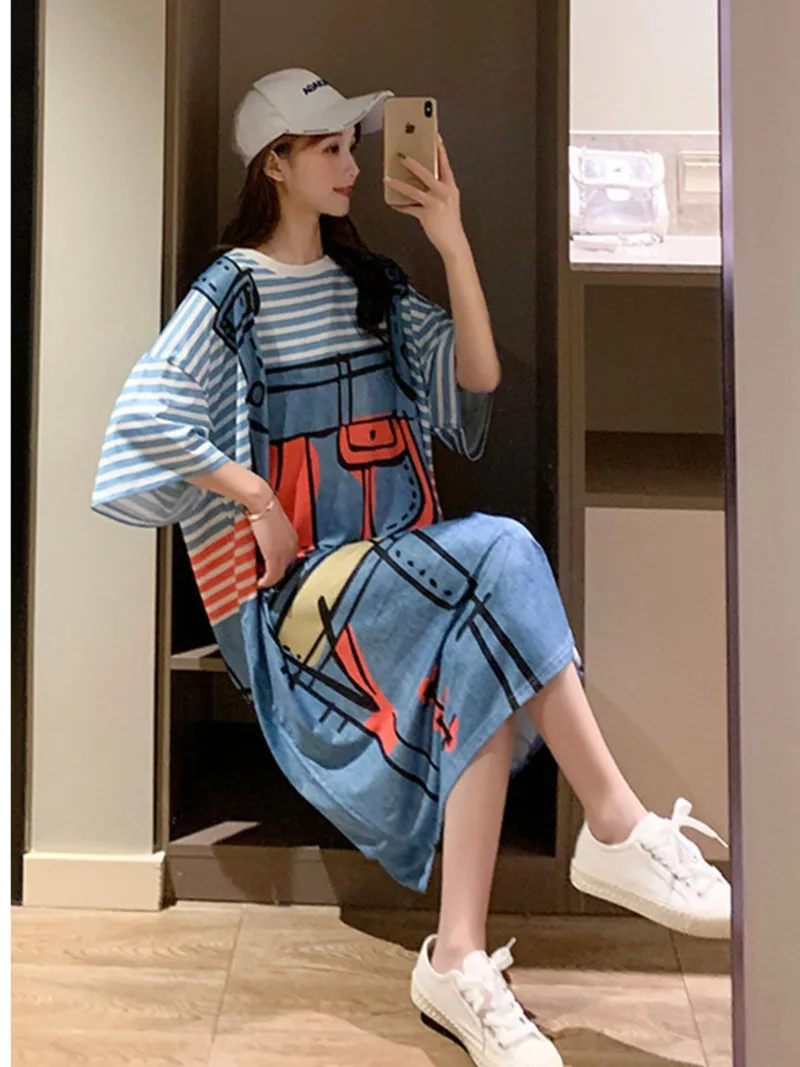 South Korea Summer Short Sleeve Loose Fit Women\'s Cartoon Print Dress Fake Two Piece Striped Strap T-shirt dress 4LBQ