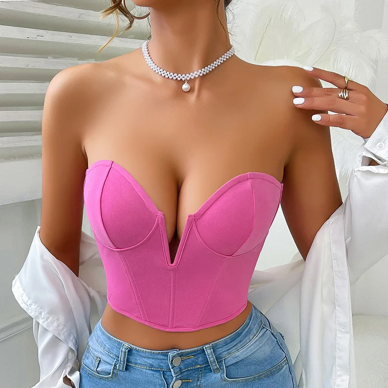 

Women's Strapless Bare Shoulder Corset Crop Tube Tops Sexy Sleeveless Boned Top Vest Summer Slim Tank Tops Chic Camisole Clothes