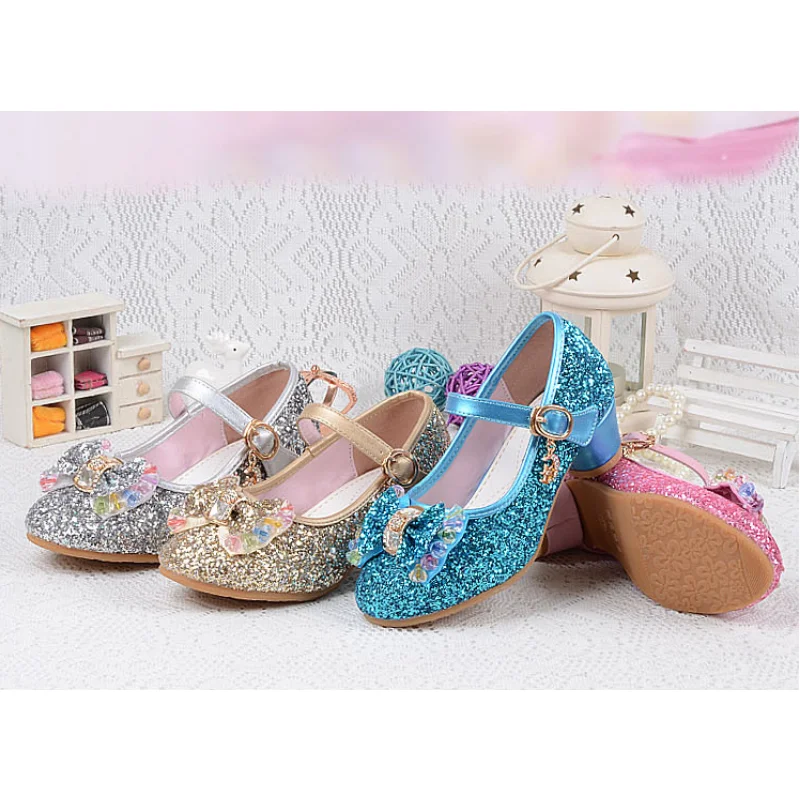 Girls Leather Wedding Shoes Baby Children\'s Sequins Princess Enfants Kids High Heels Dress Party Shoes for Girls 26-37