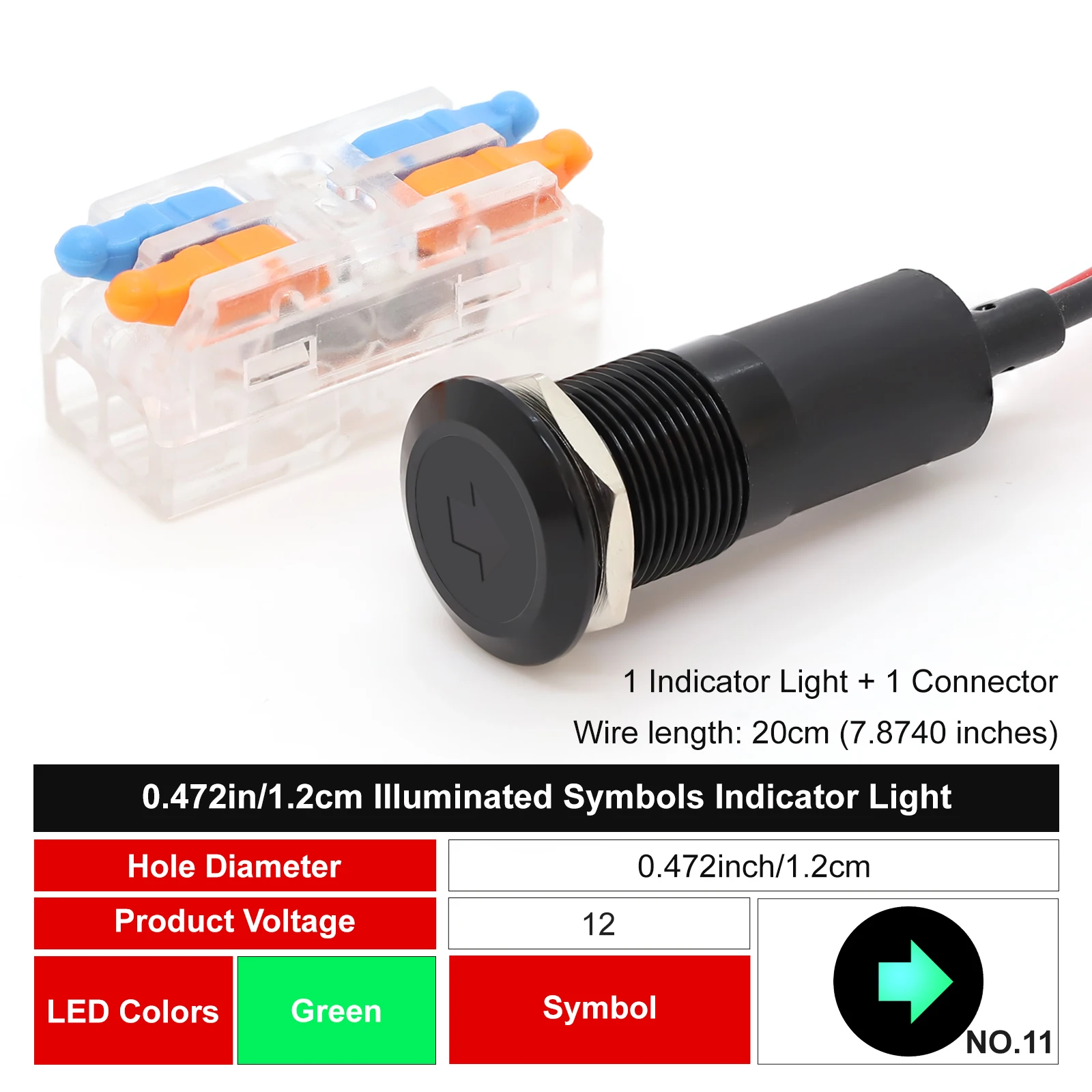 FILN 12mm Symbol-LED-Anzeigeleuchte 12V 24V Schwarze Metall-Anzeigeleuchte mit Kabel für Auto-Armaturenbrett und Maschinen