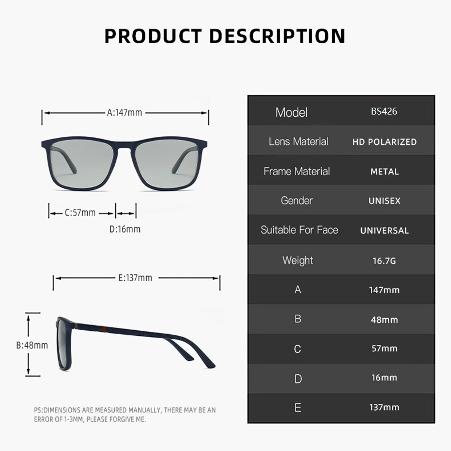 Modische Photochrome Polarisierte Sonnenbrille für Männer und Frauen Vintage Eckige Sonnenbrille Markendesigner Fahr- und Angelbrille – Detail 4