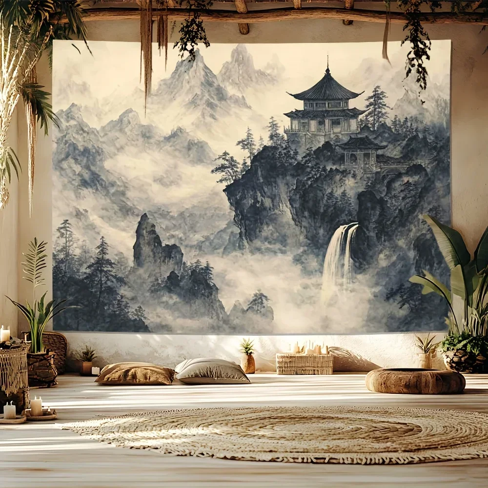 HD-Misty Mountain Peaks & Tower Tapestry - Enchanted Landscape Wall Art for Living Room, Office, Party Decor, Unique Gift Idea