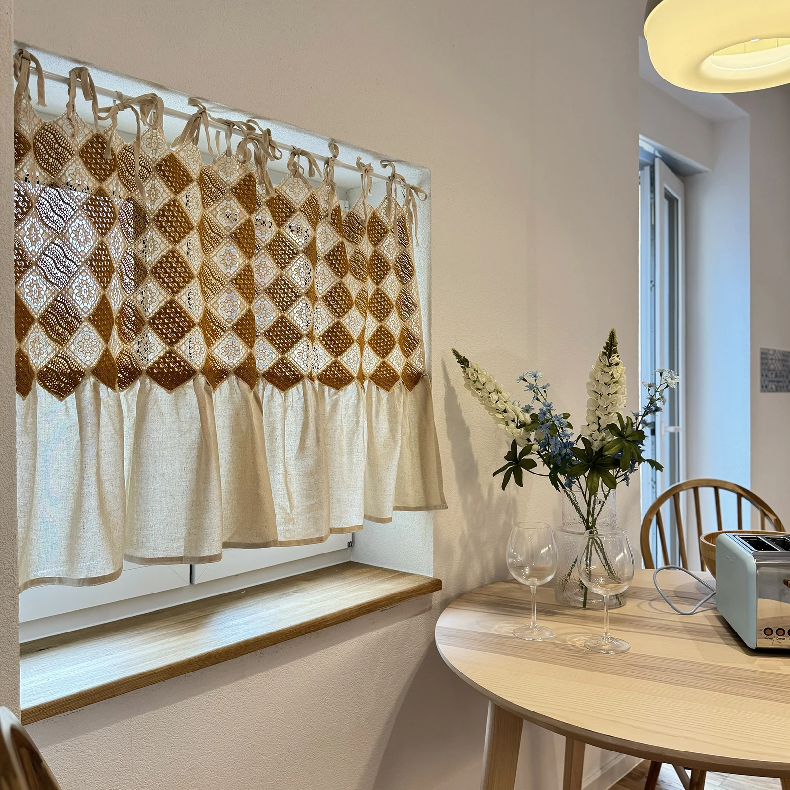 

Hand-crocheted cotton and linen curtain topper half-door curtain no-drill tied cabinet cover curtain