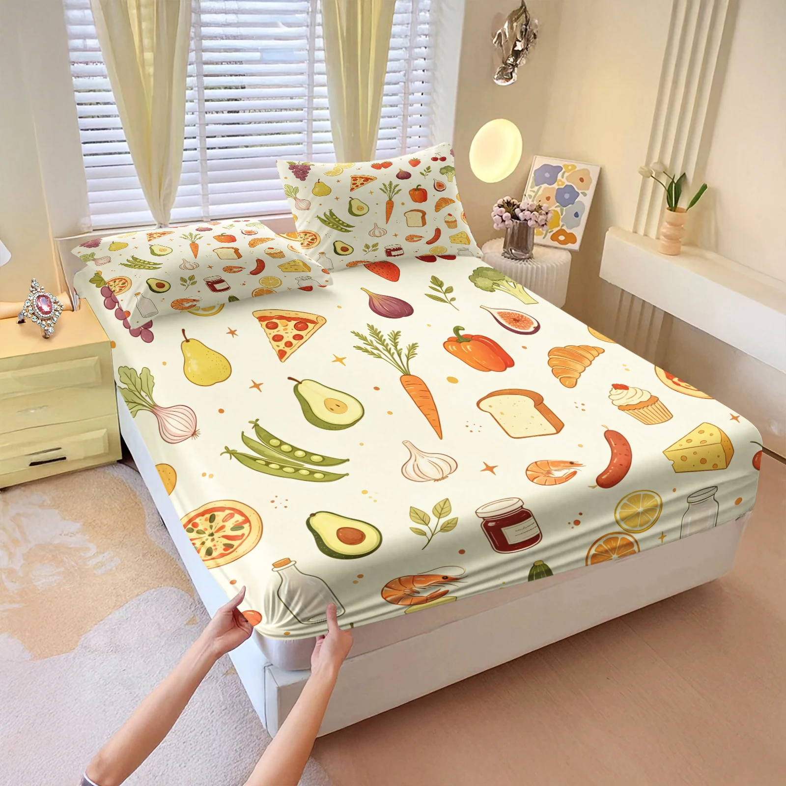 Cartoon Food Fruit Vegetable Print Fitted Sheet Set Full Surround Elastic Deep Pocket Mattress Cover with Pillowcases Bed Sheets