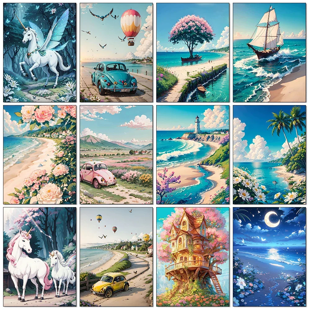 DIY 5D Diamond Painting Seaside Landscape Full Diamond Mosaic Embroidery Cartoon Unicorn Cross stitch Art Home Decoration Gift