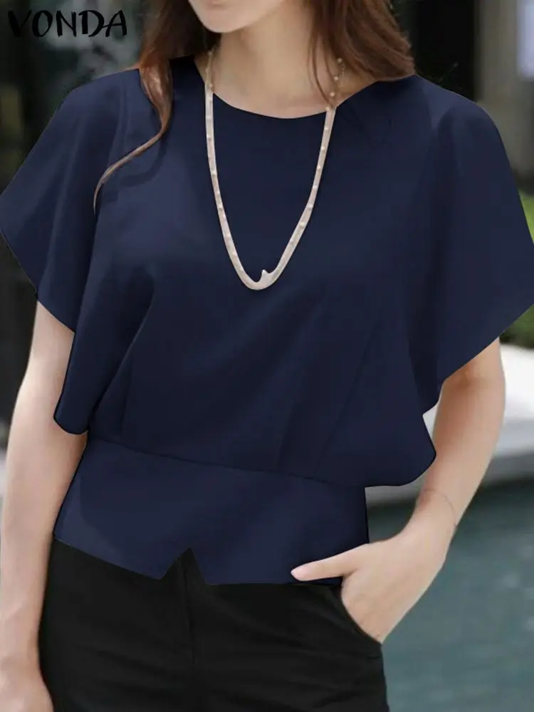 VONDA Women Elegant Solid Shirts Fashion Short Sleeve Tops 2024 Summer Blouse Sexy Square Collar Party Tunic Casual Blusas Baggy