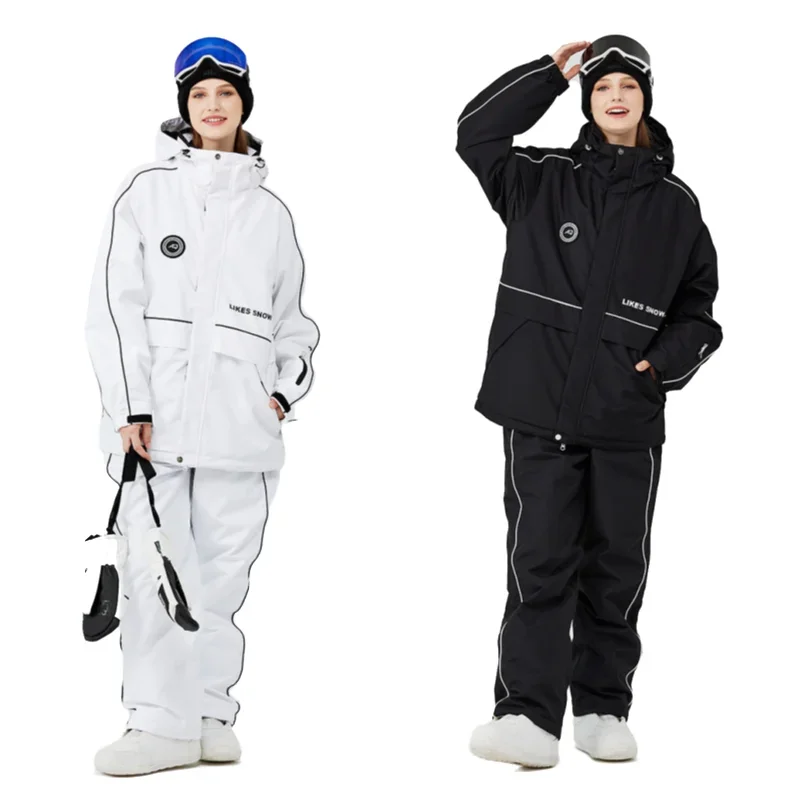 2023 Ski Suit for Men Women Winter Warm Windproof Waterproof Snowboarding Set New Pure Black or White Skiing Costumes Set Couple