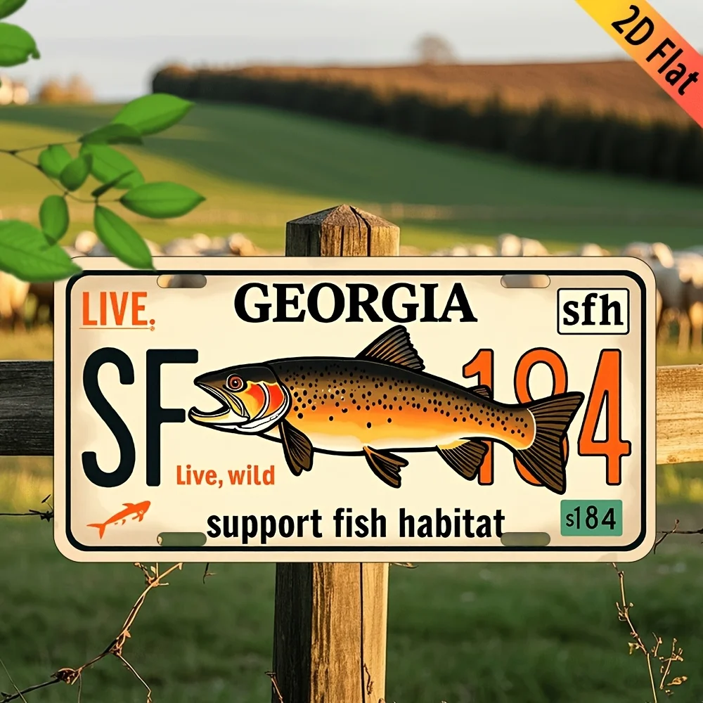 Georgia License Plate Sign -  Aluminum Wall Decor with Live Wild Fish Design, Rustic Farmhouse Style for Home, Bar, Garage, for