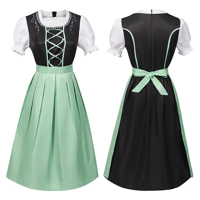 

Halloween Party Attire Black Dress Green Apron 2 Piece Maid Outfit Role Play Stage Performance Costume Cosplay Princess Uniform
