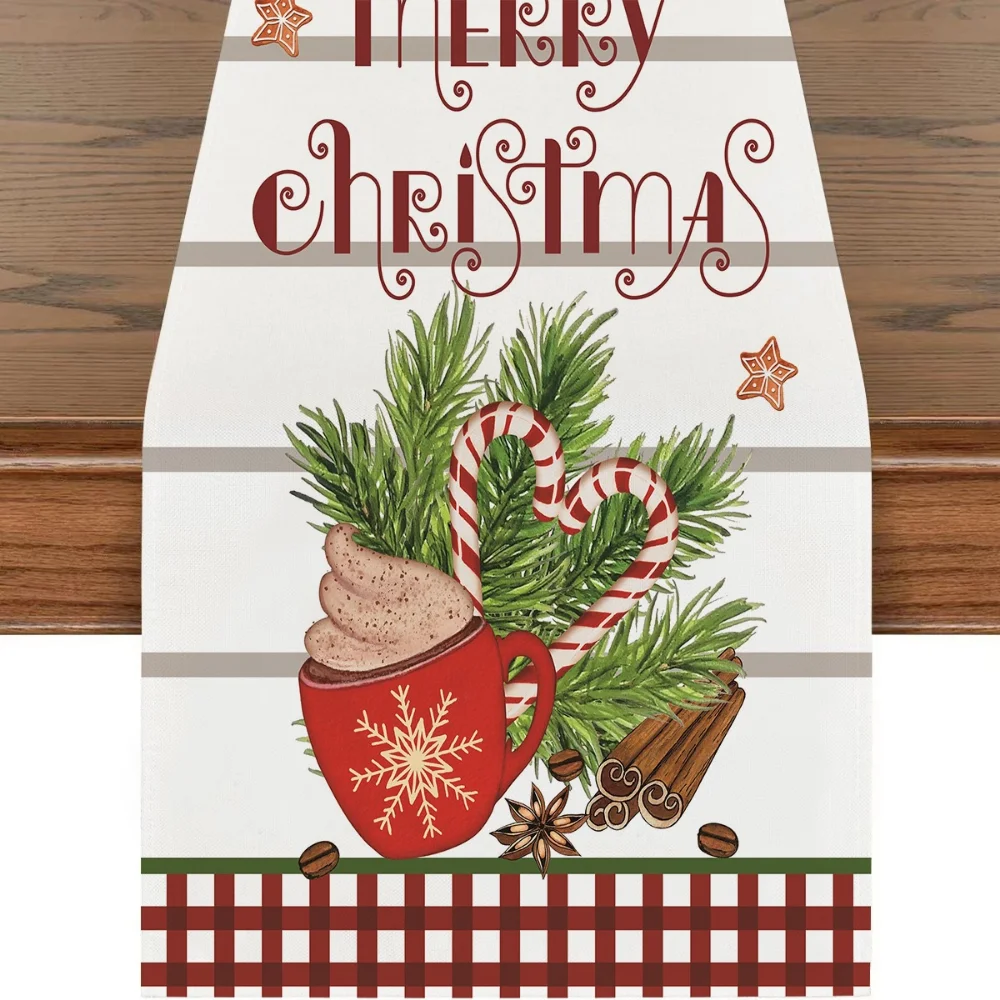 1pc Christmas Table Runner with Stockings, Candy Canes, Mistletoe & Wreath - Easy-Clean Festive Party Tableware Accessory